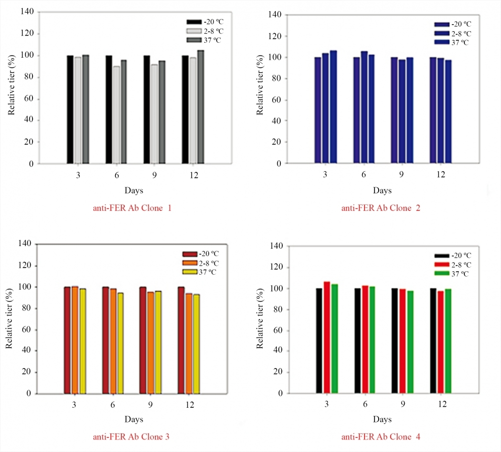 <p>Evaluation of anti-ferritin MAbs stability at different temperatures: anti-human ferritin monoclonal antibodies present in PBS buffer (without any preservative) were stored at -20°C, 2-8°C and 37°C for 15 days, respectively.</p>